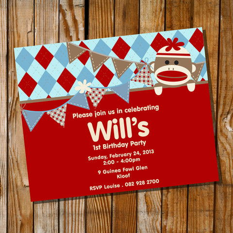 Sock Monkey Birthday Party Invitation