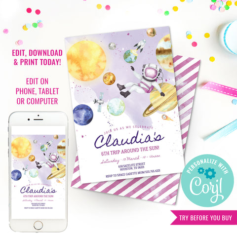 Space Astronaut Birthday Party Invitation for Girls