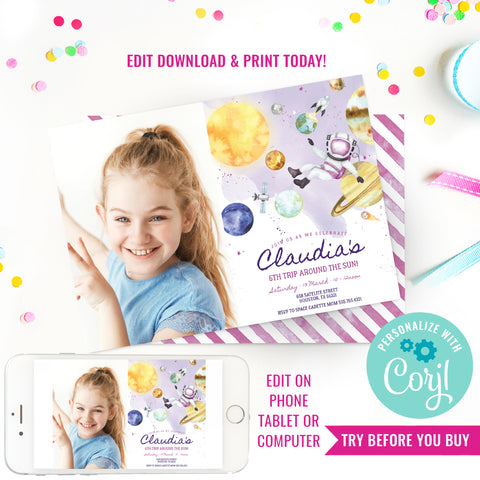 Space Astronaut Birthday Party Photo Invitation for Girls