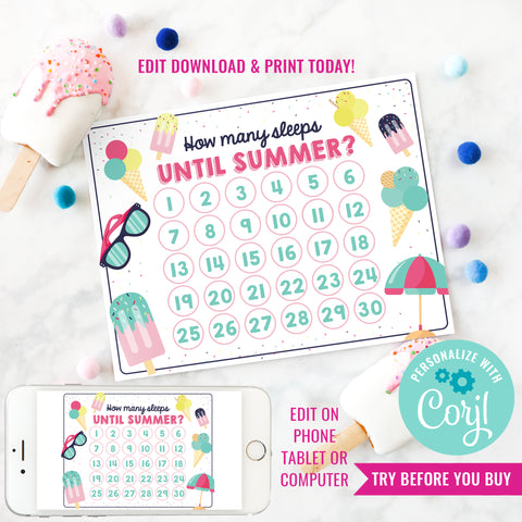 Countdown Calendar for Girls | Printable Countdown Calendar | Countdown to Summer