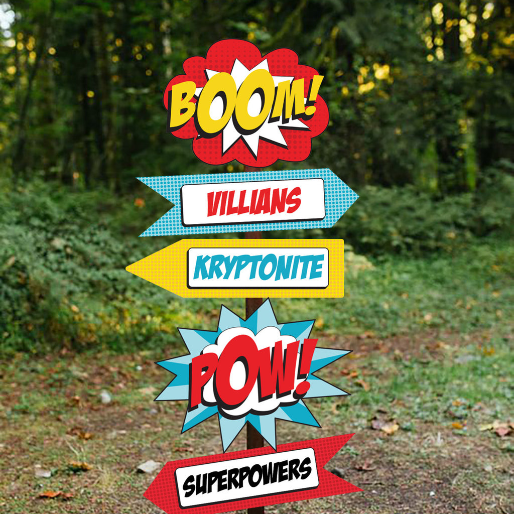 Superhero boy party directional signage - know where to go for your kryptonite!