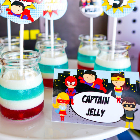 Superhero Boys Birthday party food label tent cards - captain jelly!