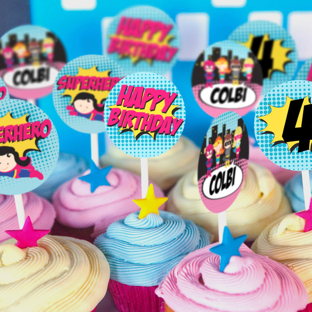 Girl Superhero Party Cupcake Toppers | Superhero Toppers
