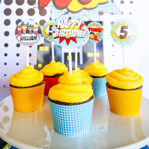 Superhero boys cupcake toppers and wrappers party decorations