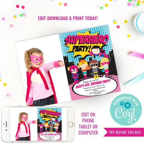 Girl Superhero Party Invitation'