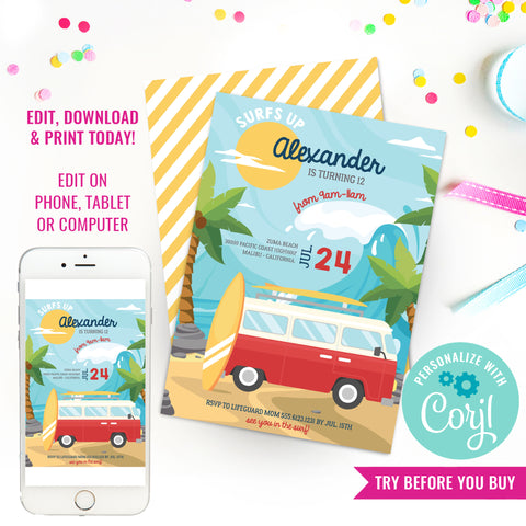 Surfing Party Birthday Invitation 