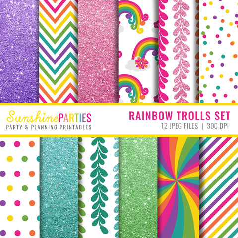 Trolls Inspired Digital Paper Set | Rainbow Trolls Design Paper Set
