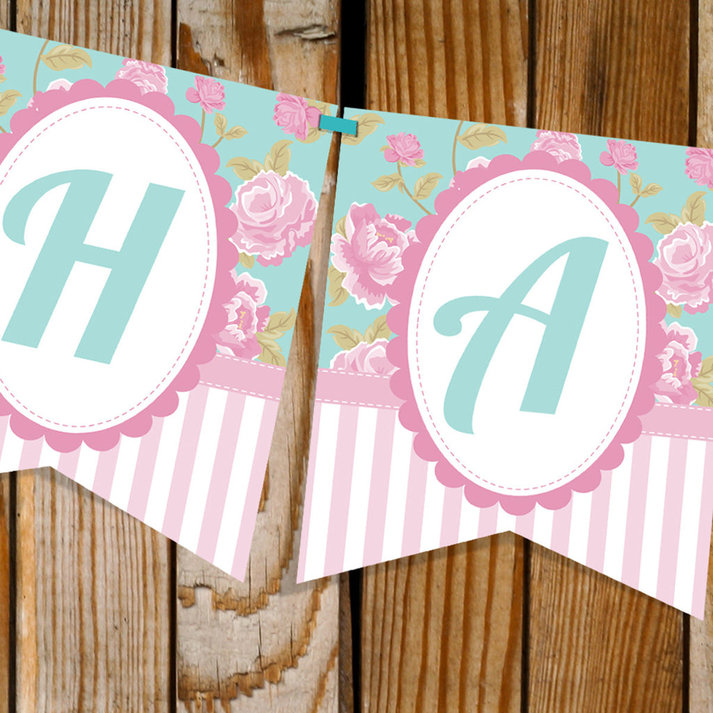 Shabby Chic Tea Party Birthday Banner | Vintage Floral Party Banner