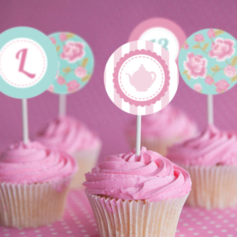 Shabby Chic Tea Party Cupcake Toppers | Vintage Floral Toppers