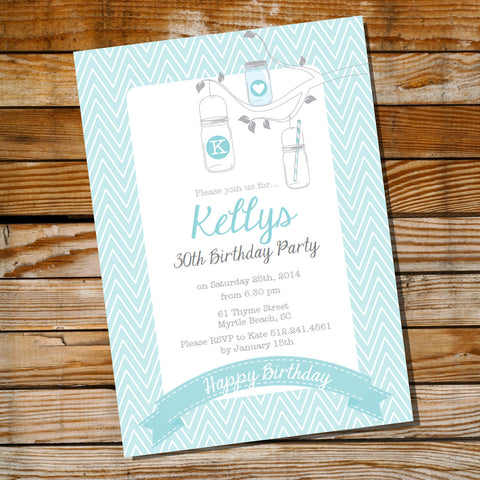 Teal Chevron Mason Jar Birthday Invitation