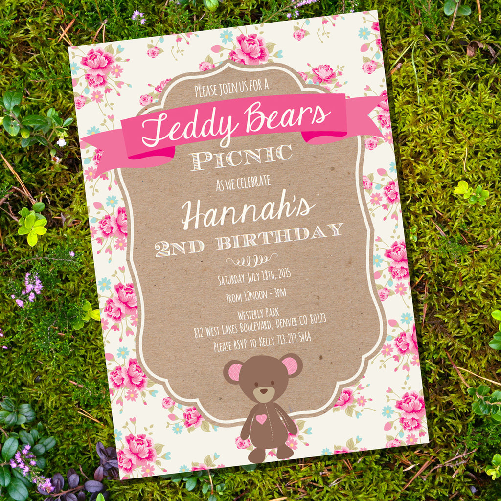 Teddy Bear Picnic Party Invitation | Shabby Chic Floral Invite Template