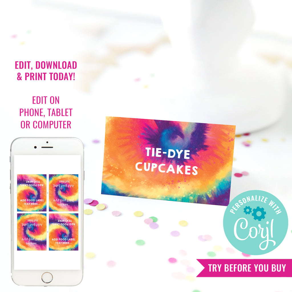 Tie-Dye Party Tent Cards, Food Labels