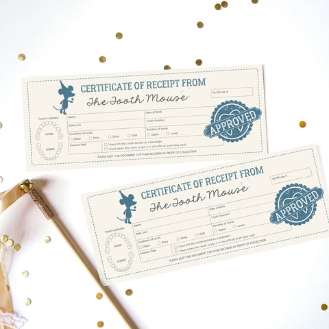 Tooth Mouse Official Certificate and Customer Receipt for Boys