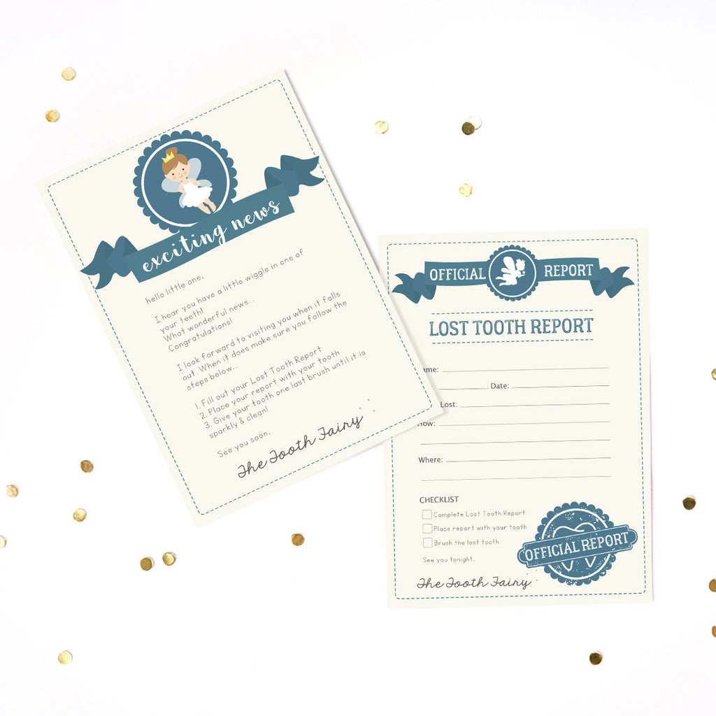 Tooth Fairy letter and lost tooth report in blue for boys