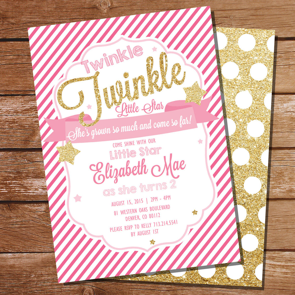 Twinkle Twinkle Little Star Birthday Party Invitation | Gold Glitter Invitation