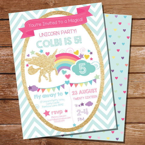 Glitter Unicorn Birthday Party Invitation for a Girl