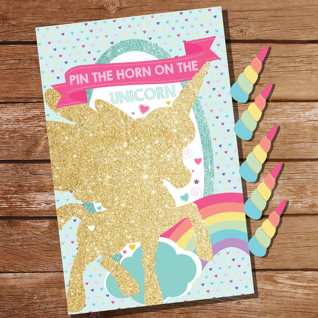 Gold Glitter Unicorn Birthday Party Game | Pin The Horn On The Unicorn