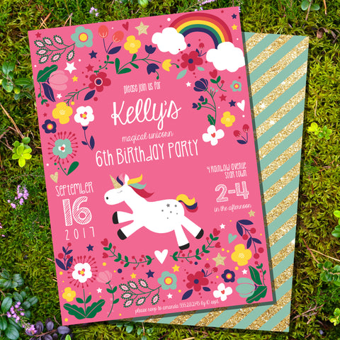 Cute Rainbow Unicorn Editable Invitation