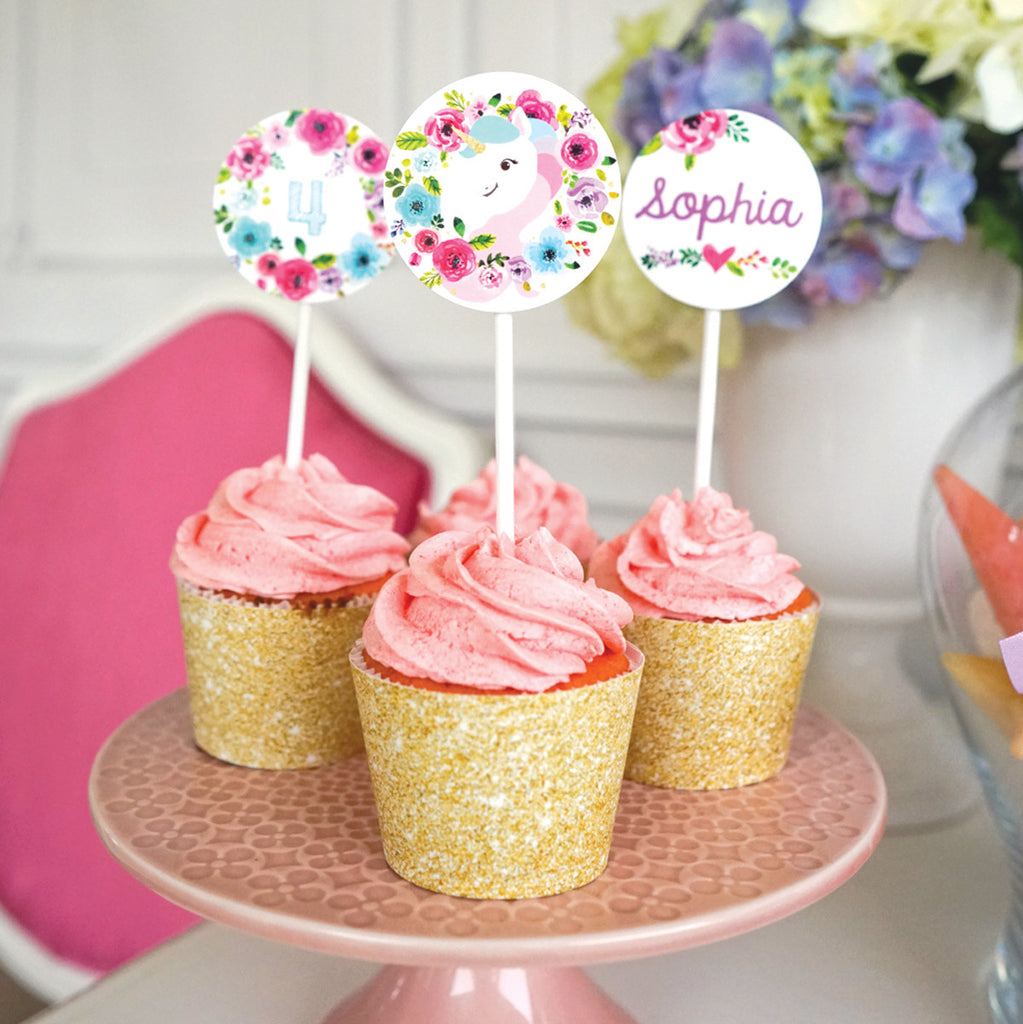 Unicorn Cupcake Toppers | Unicorn Cupcake Wrappers | Gold Glitter Unicorn