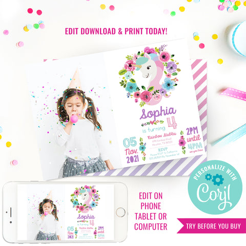 Unicorn Birthday Party Photo Invitation