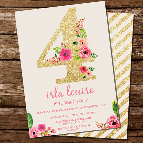 Fourth Birthday Party Invitation For A Girl | Gold Glitter Floral Watercolor