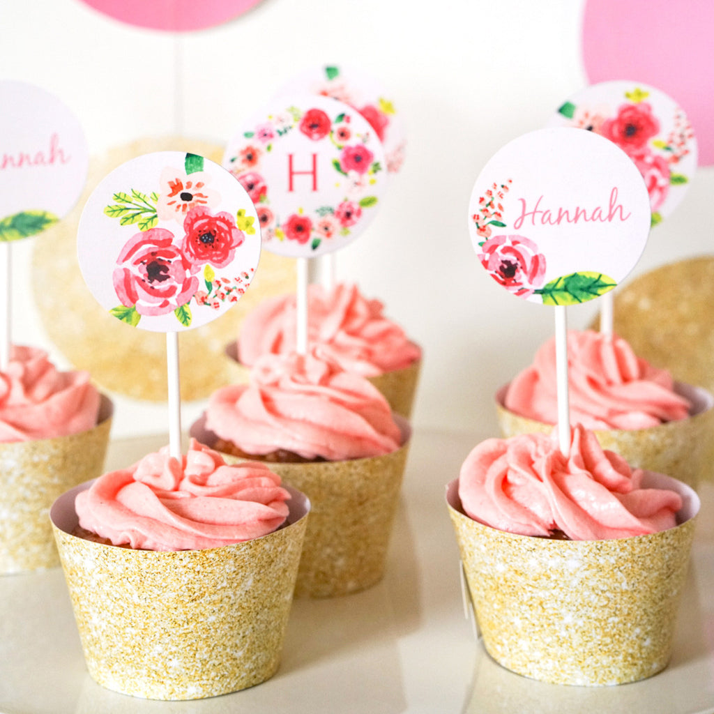Half Birthday Party Cupcake Toppers | Gold Glitter Floral Watercolor Toppers