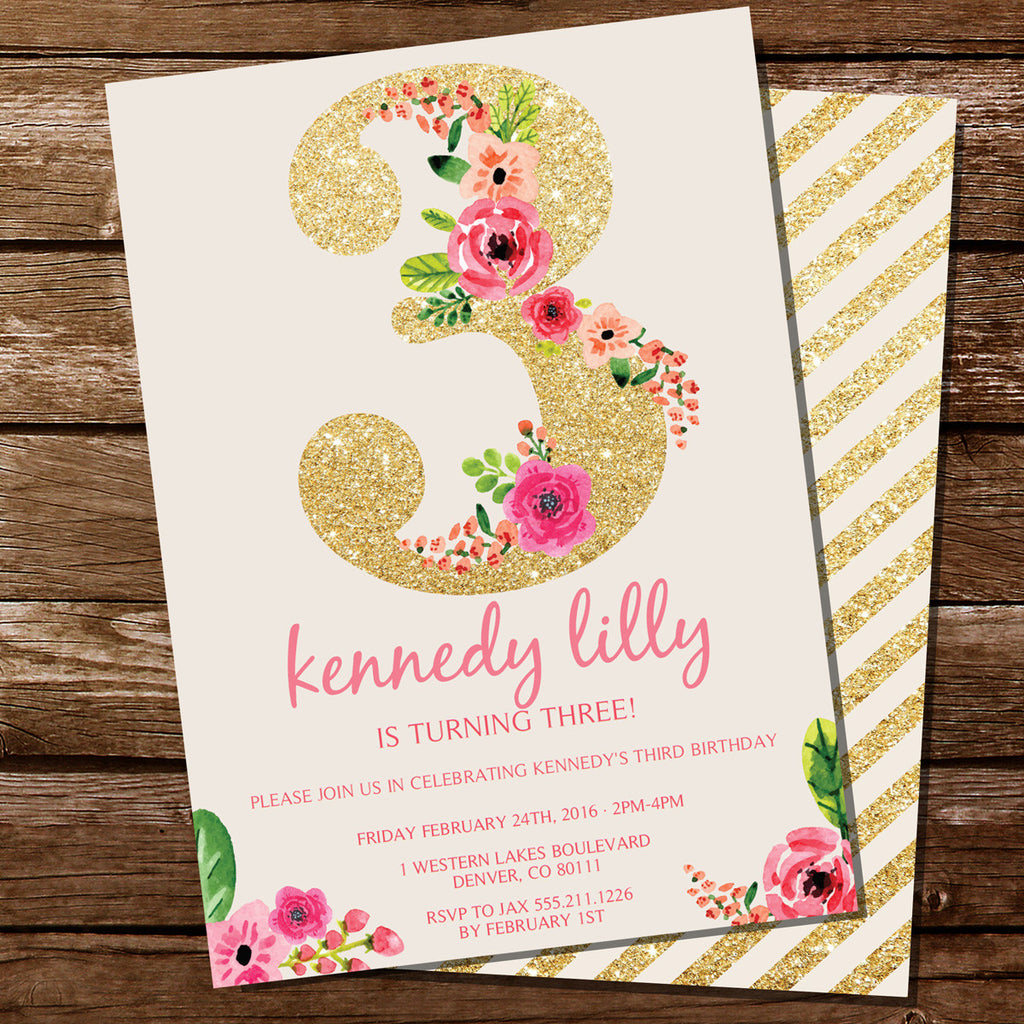 Third Birthday Party Invitation For A Girl | Gold Glitter Floral Watercolor