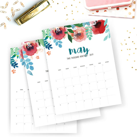 Printable 2019 Monthly Calendar | Wild Flower Printable Planner | Floral Watercolor Calendar