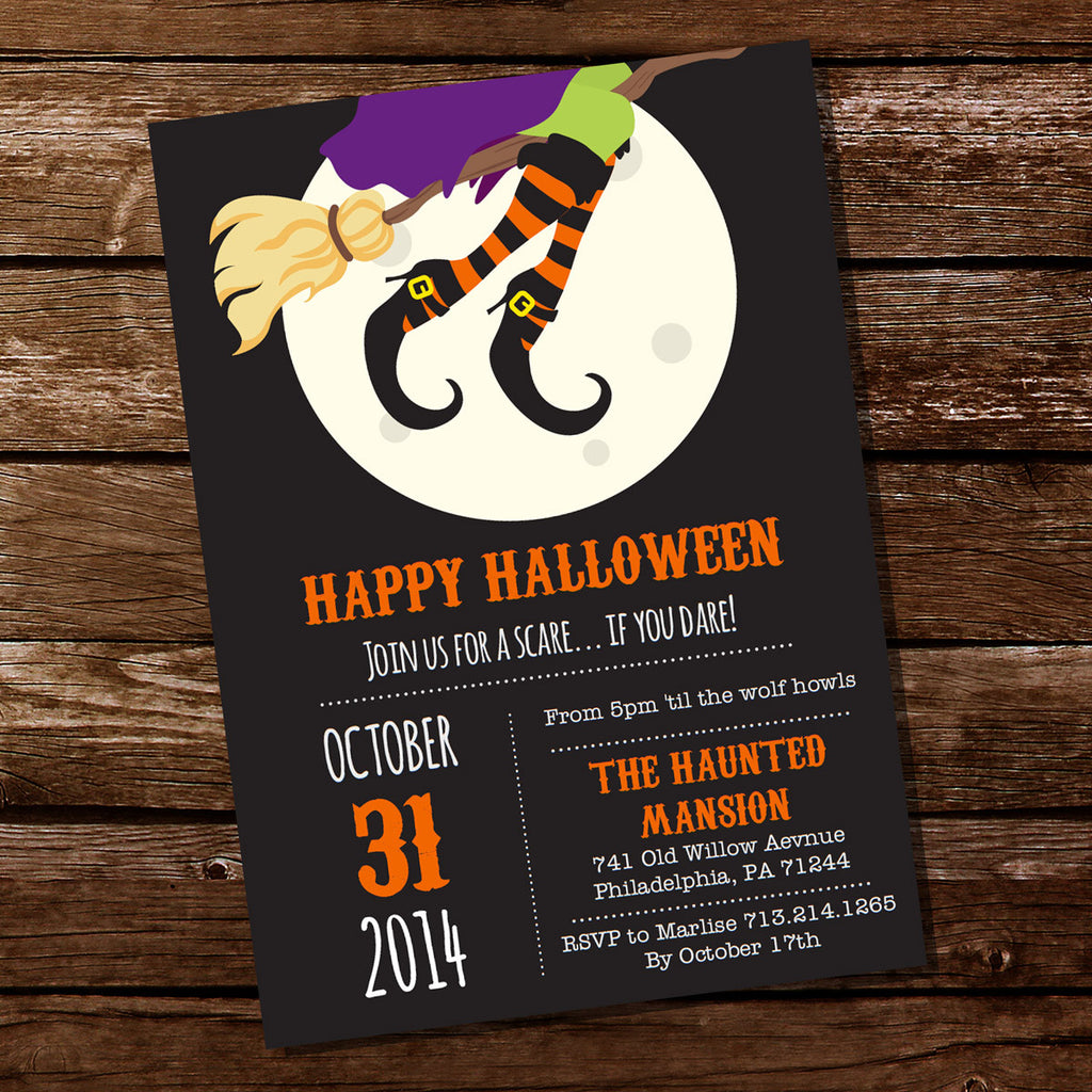 Halloween Party Invitation | Witches Flying Broom Stick