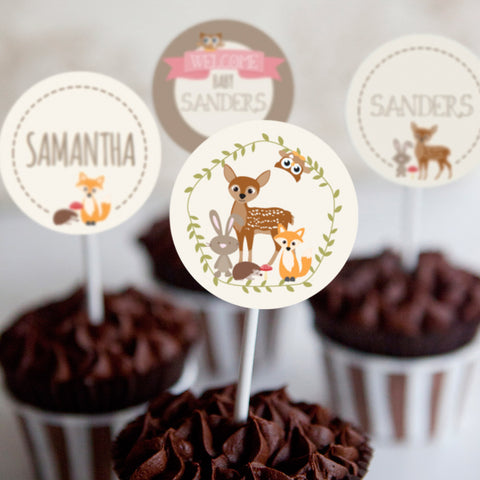 Woodland Baby Shower Cupcake Toppers For a Girl