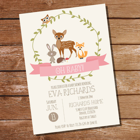 Woodland Baby Shower Invitation For a Girl | Pink Baby Shower