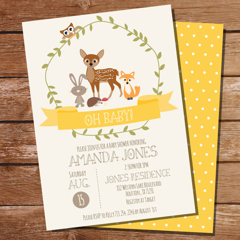 Woodland Baby Shower Invitation For a Boy Or Girl | Yellow Baby Shower