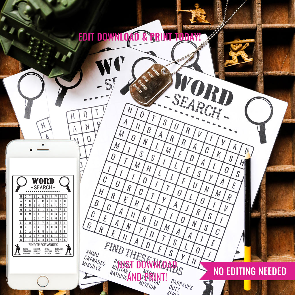 Army Birthday Party Activity Word Search | Camo Army Party Game | Army Party Printable Activity