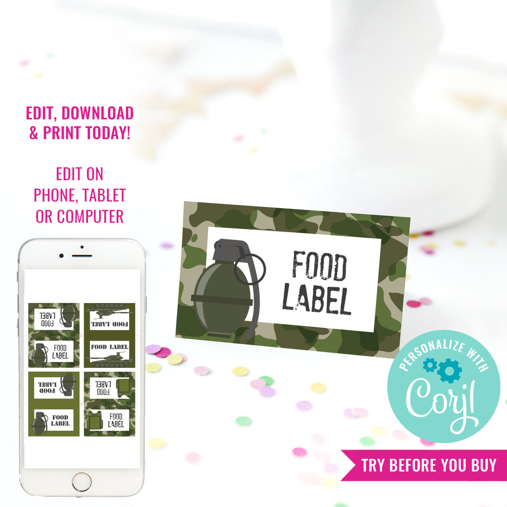 Army Camo Birthday Party Food Labels for a Boy | Modern Army Party Labels