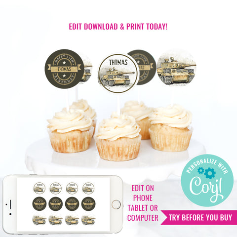 Army Tank Birthday Party Cupcake Toppers