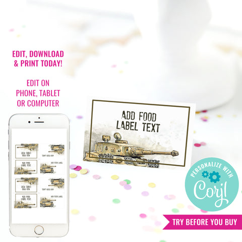 Army Tank Birthday Party Food Labels
