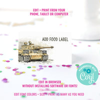 Army Tank Birthday Party Food Label Tent  Cards