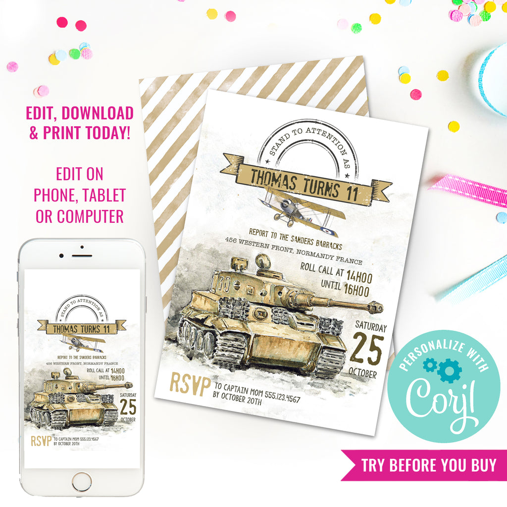 Army Tank Birthday Party Invitation for a Boy