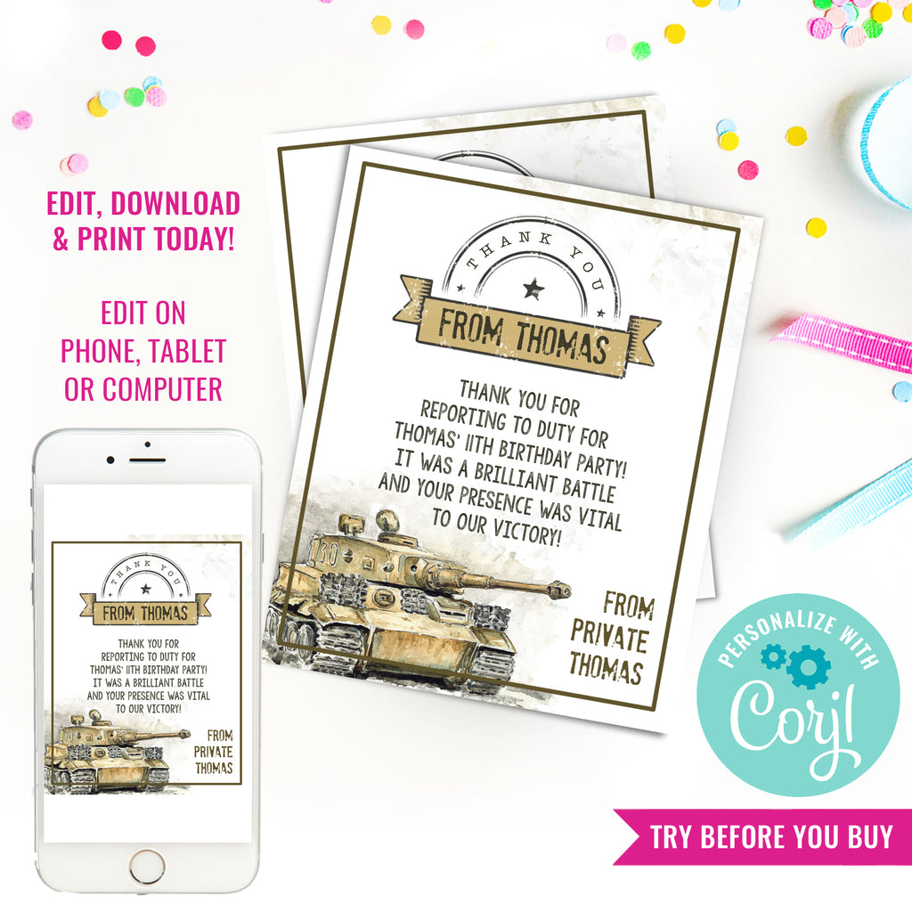 Army Tank Birthday Party Thank You Card