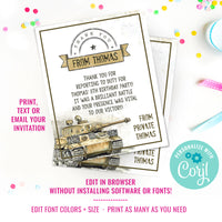 Army Tank Birthday Party Thank You Card