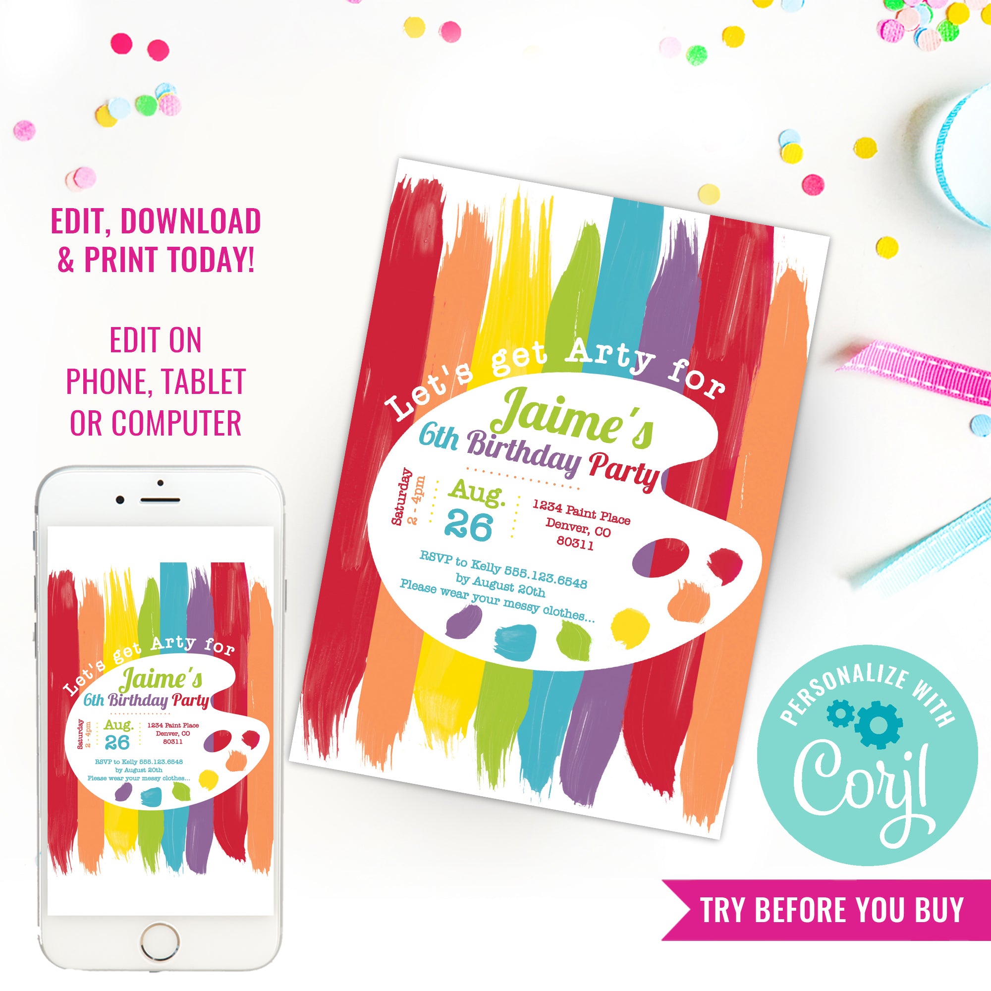 Art Party Invitations for a Boy or Girl | Rainbow Art Party – Sunshine Parties for Free Printable Art Party Invitations