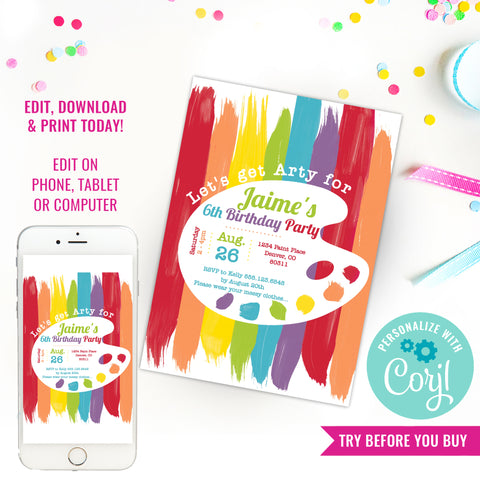 Art Party Invitations for a Boy or Girl | Rainbow Art Party
