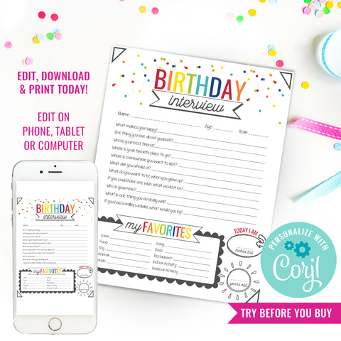 Printable Boys Birthday Interview | Kids Annual Interview, Birthday Keepsake | Child Tradition