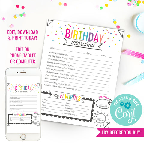 Printable Girls Birthday Interview | Kids Annual Interview, Birthday Keepsake | Child Tradition