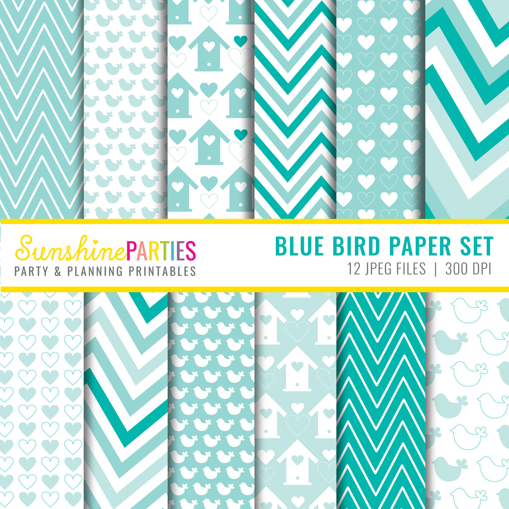 Blue Bird Teal and White Digital paper Crafting Set