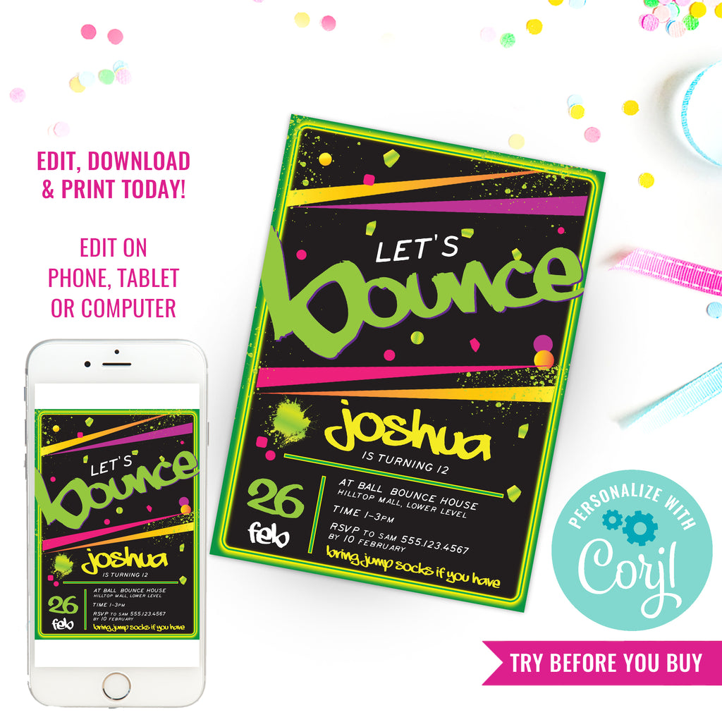 Bounce Birthday Party Invite | Jump Party Invitation | Trampoline Park Birthday Party Invitation