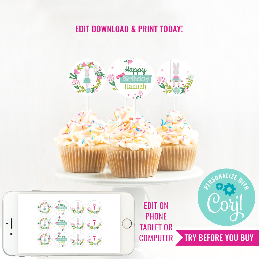 Bunny Birthday Party Cupcake Toppers | Floral Bunny Rabbit Cupcake Toppers | Easter Party Cupcake Toppers