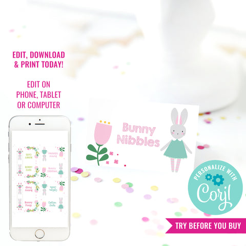 Bunny Birthday Party Food Labels | Floral Bunny Rabbit Party Buffet Tent Cards