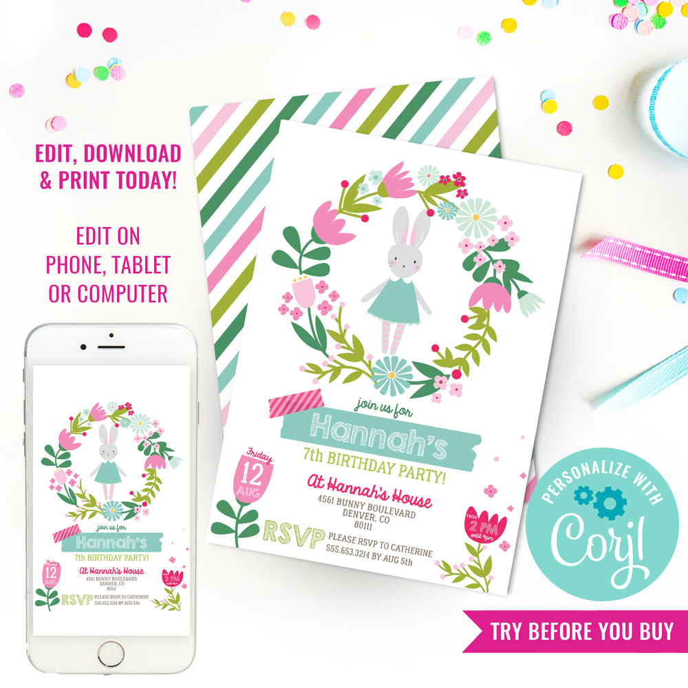 Bunny Birthday Party Invitation | Floral Bunny Rabbit Party Invitation – Sunshine Parties bunny-birthday-party-invitation-floral-bunny-rabbit-party-invitation-sunshine-parties