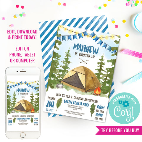 Camping Party Invitation for a Boy | Watercolor Camping Invitation